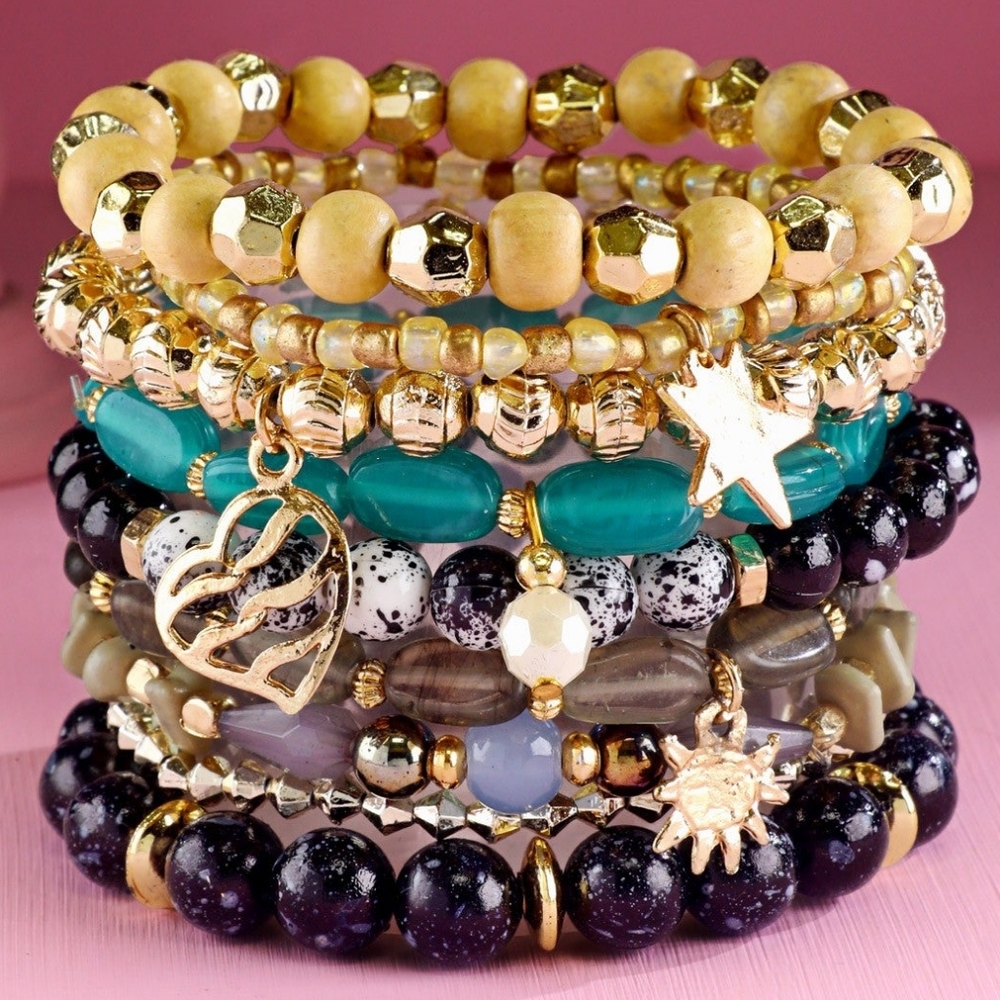 Multicolor Boho Chic Multi Layered Stretch Bracelet Set w/ Golden Charms